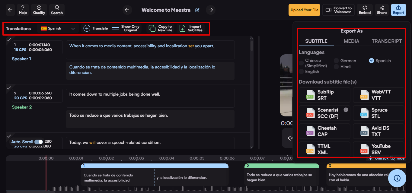 Maestra AI online subtitle translator