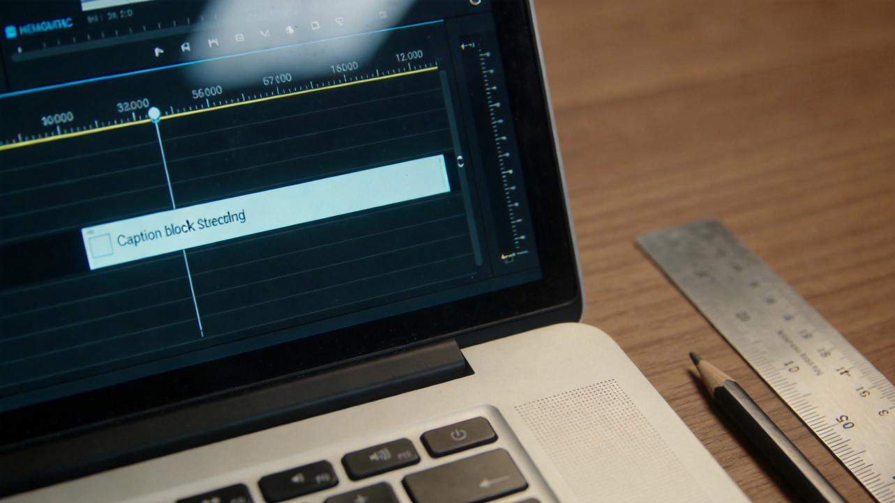 Laptop screen showing a video editing timeline with a caption block selected on a wooden desk