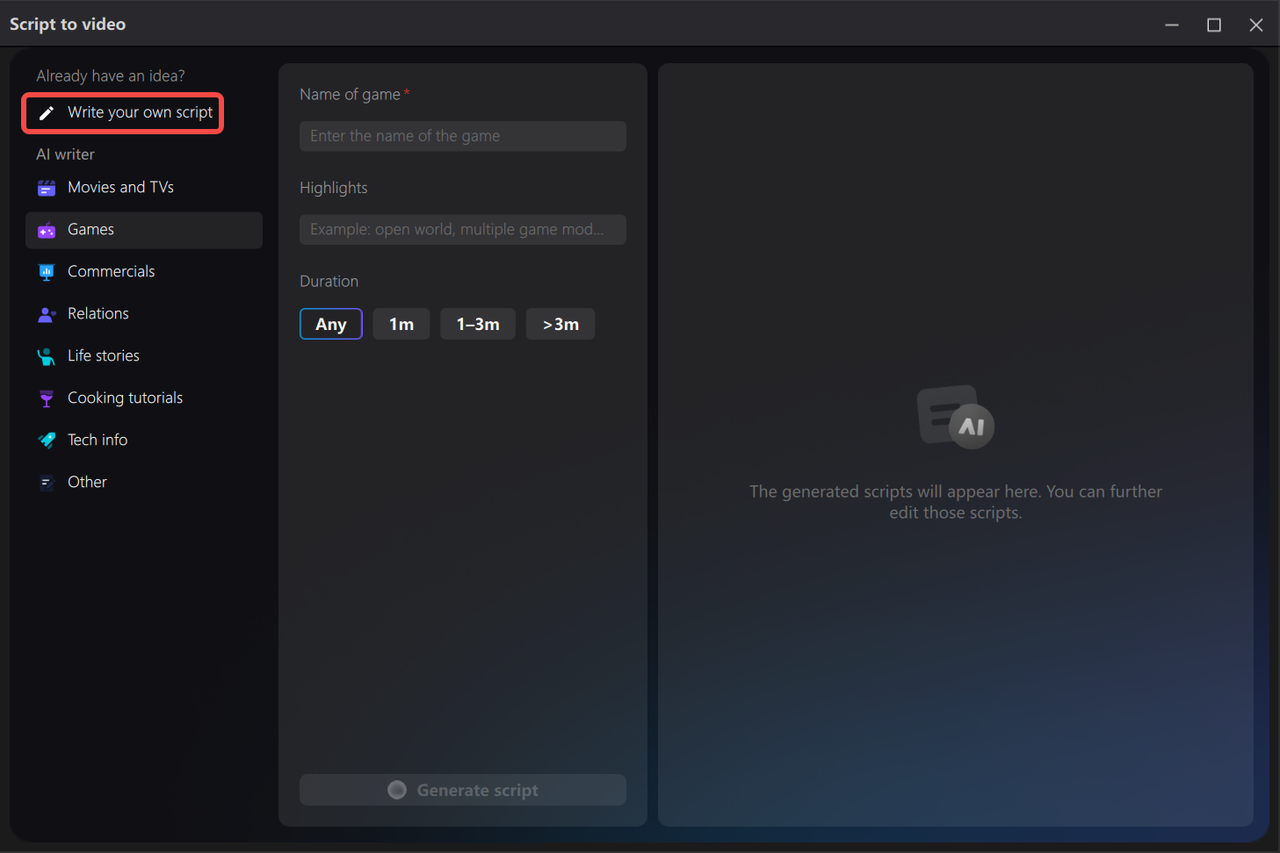 Type a script into the CapCut desktop video editor and AI shorts maker.