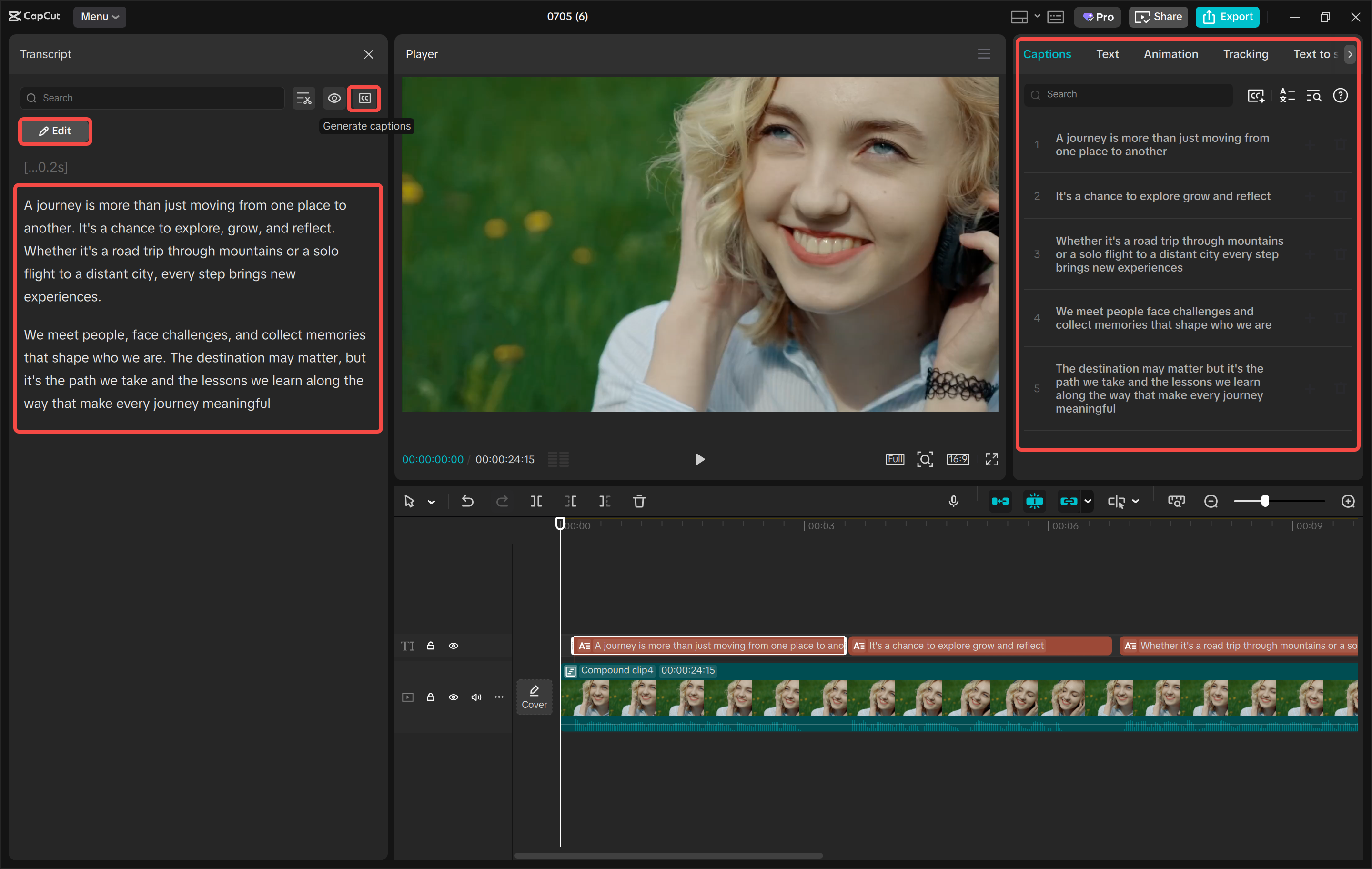 Transcribing the video in the CapCut desktop video editor