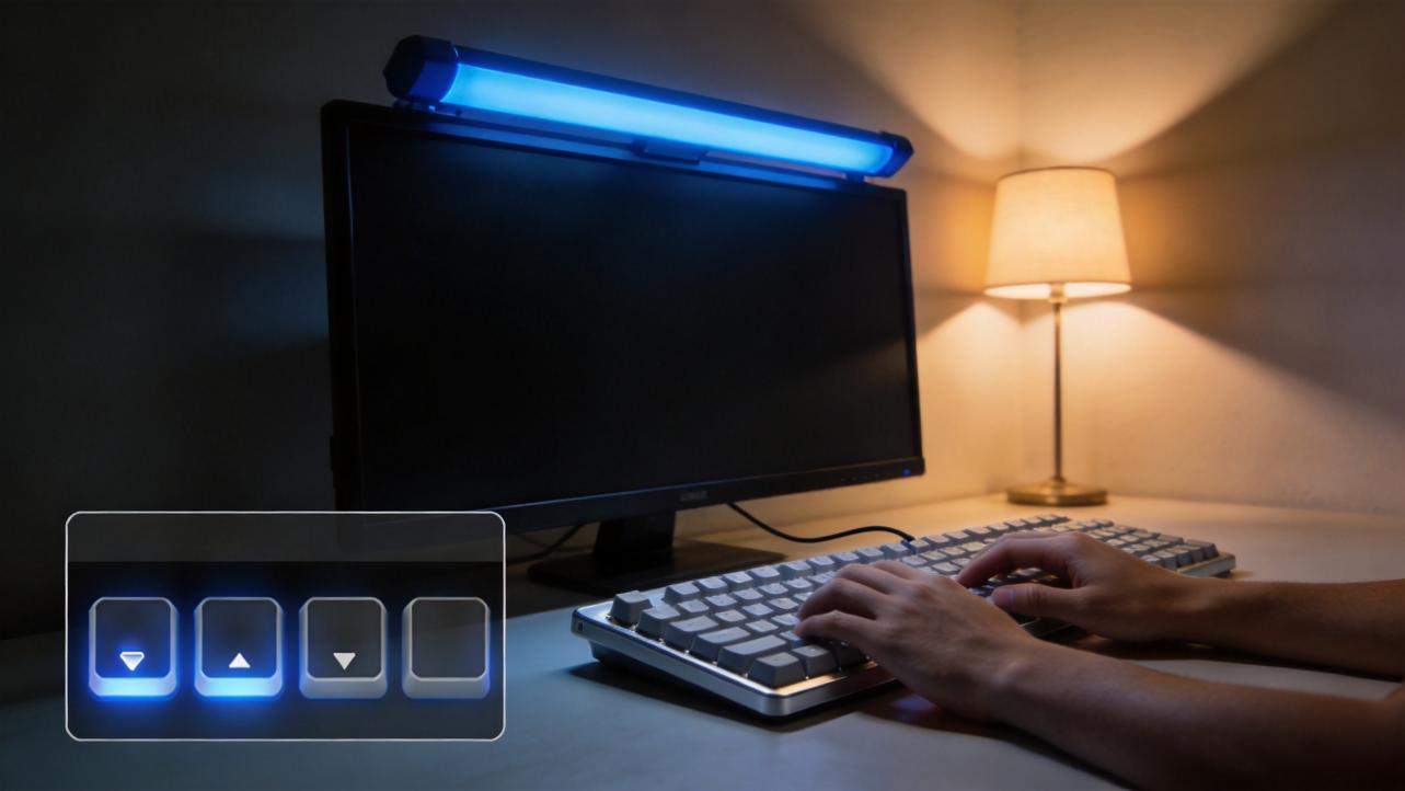 Hands typing on a keyboard beside a monitor, with an overlay showing arrow key icons