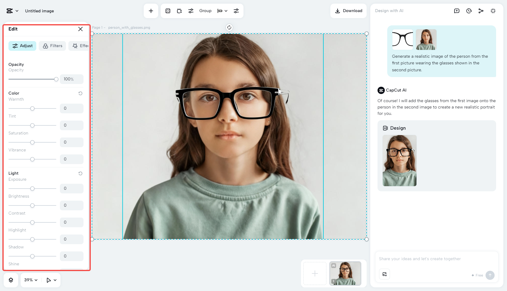 Editing virtual eyeglasses try-on image in CapCut