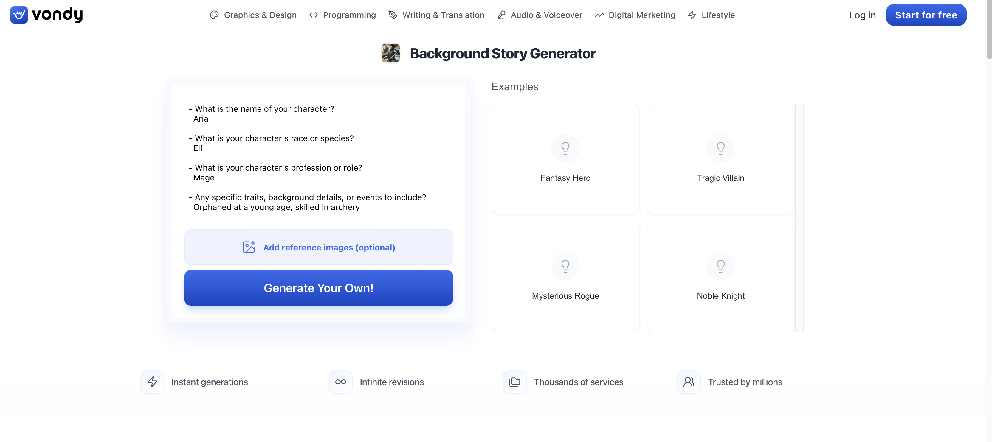 Vondy  background story generator DnD