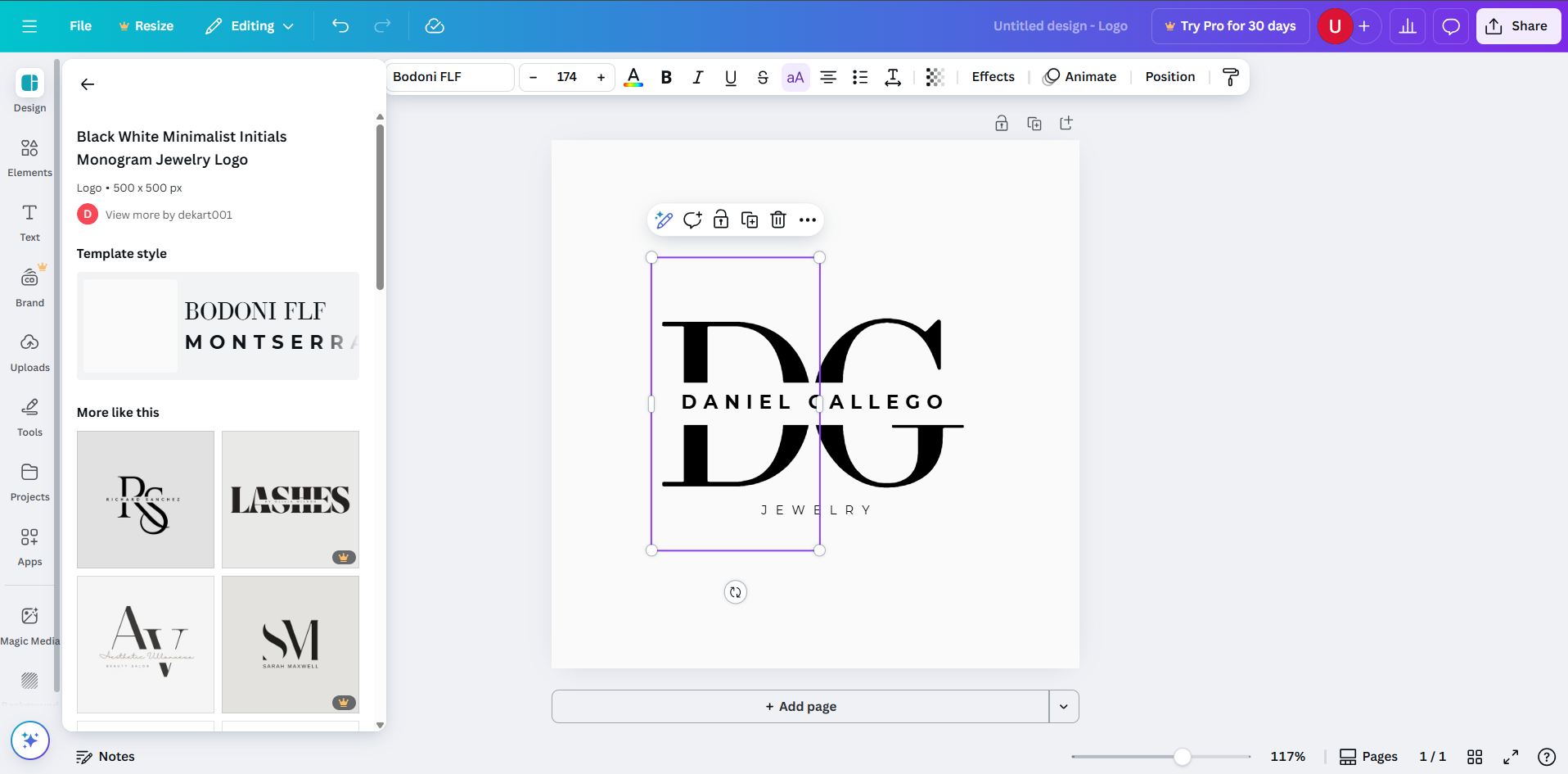 Interface of Canva - an online tool to create a brand logo