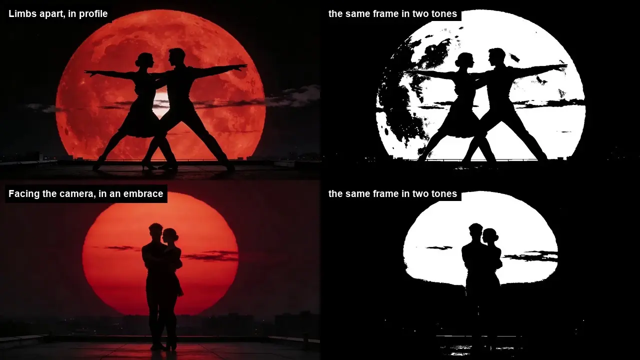 Four-panel collage of a couple silhouetted before a huge moon, in color and black and white.