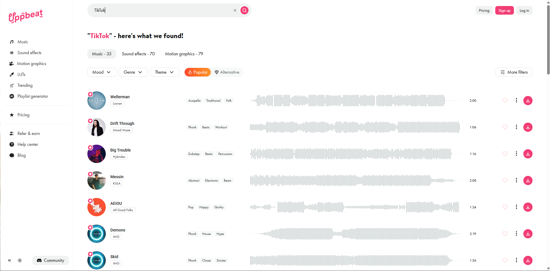 Interface of Uppbeat - the most liked place to find TikTok sound effects