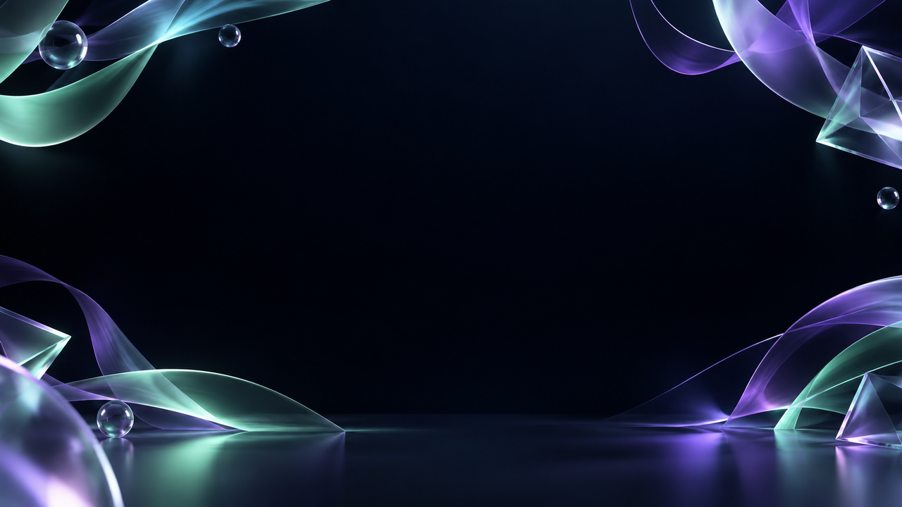 Illustrative abstract mint and violet motion ribbons framing a dark central stage
