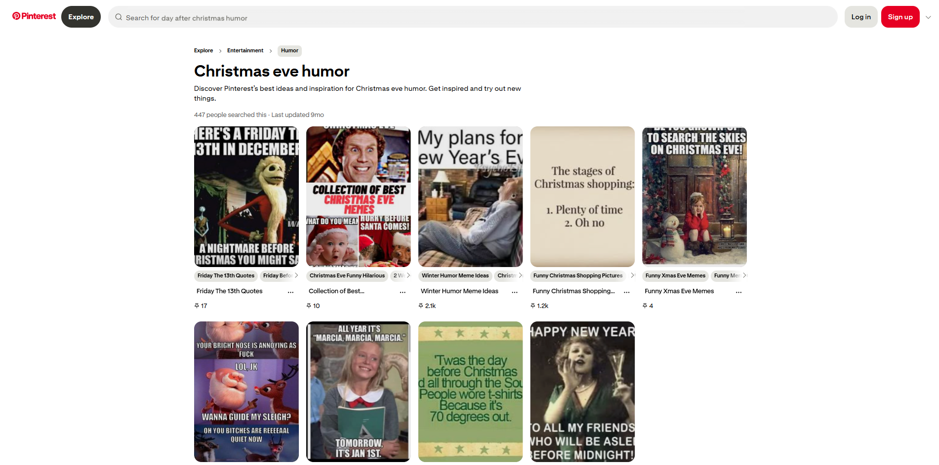 Interface of Pinterest - the most liked site for Christmas Eve memes