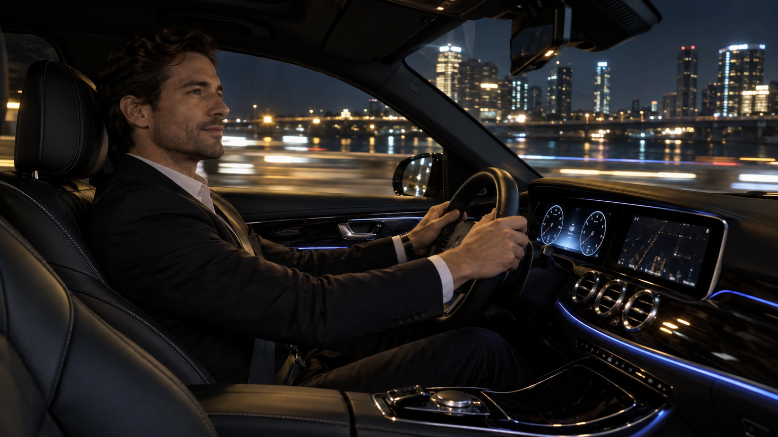 Mercedes car AI video prompts: Night Driver Push-In