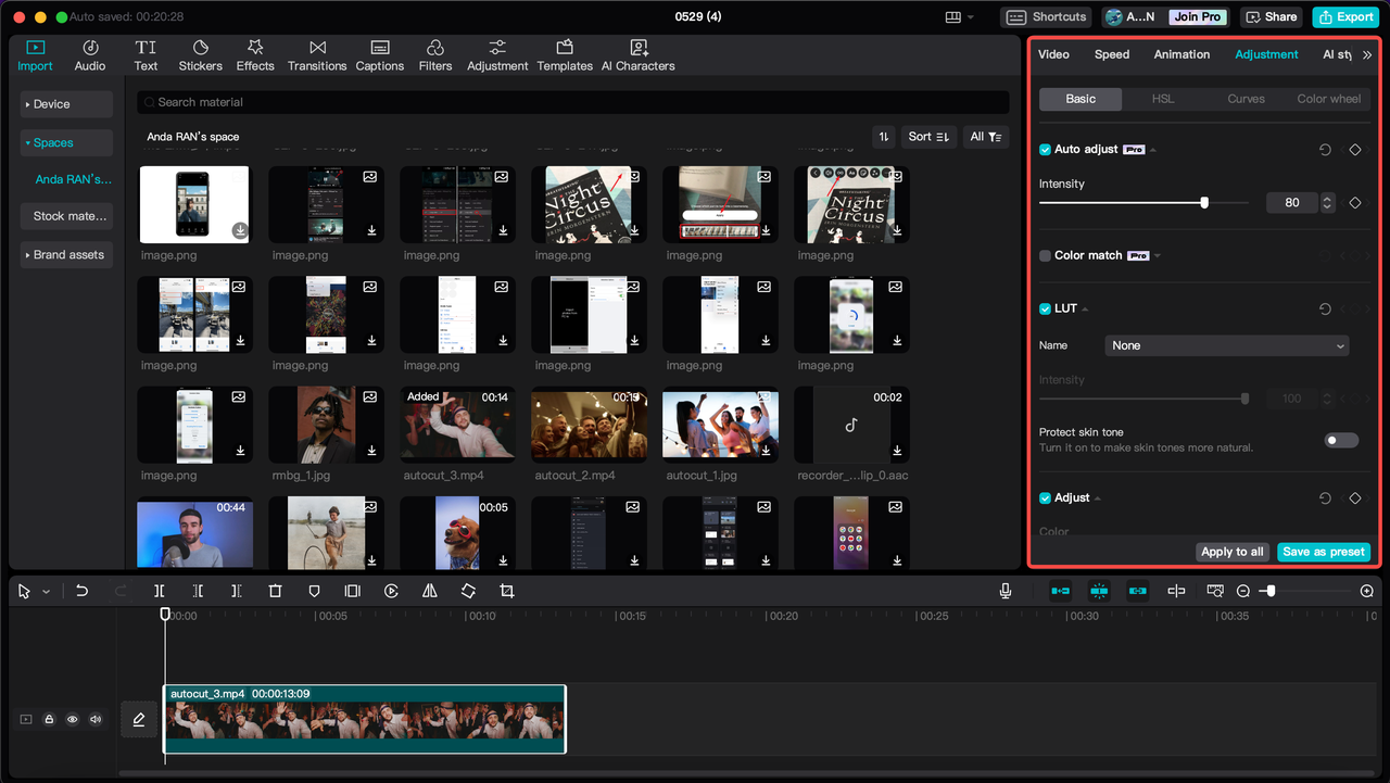 Adjust sliders, CapCut PC