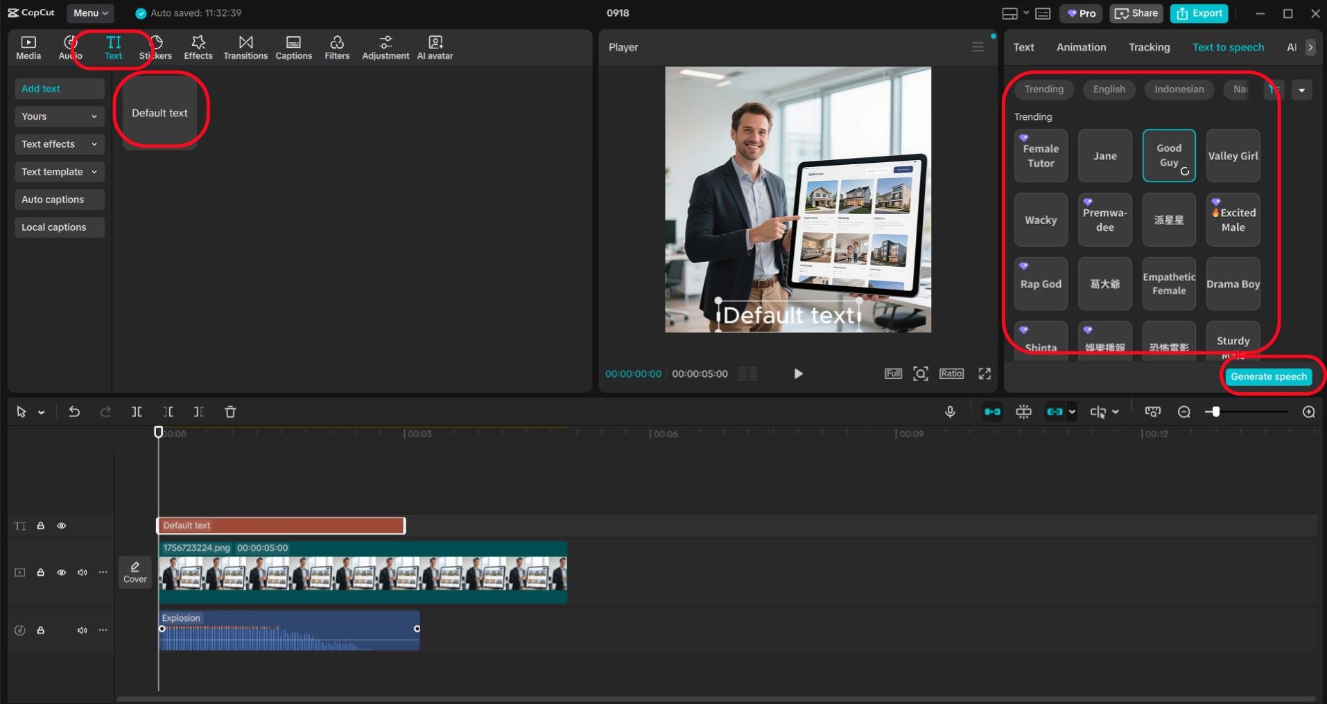 Use text to speech feature on your video