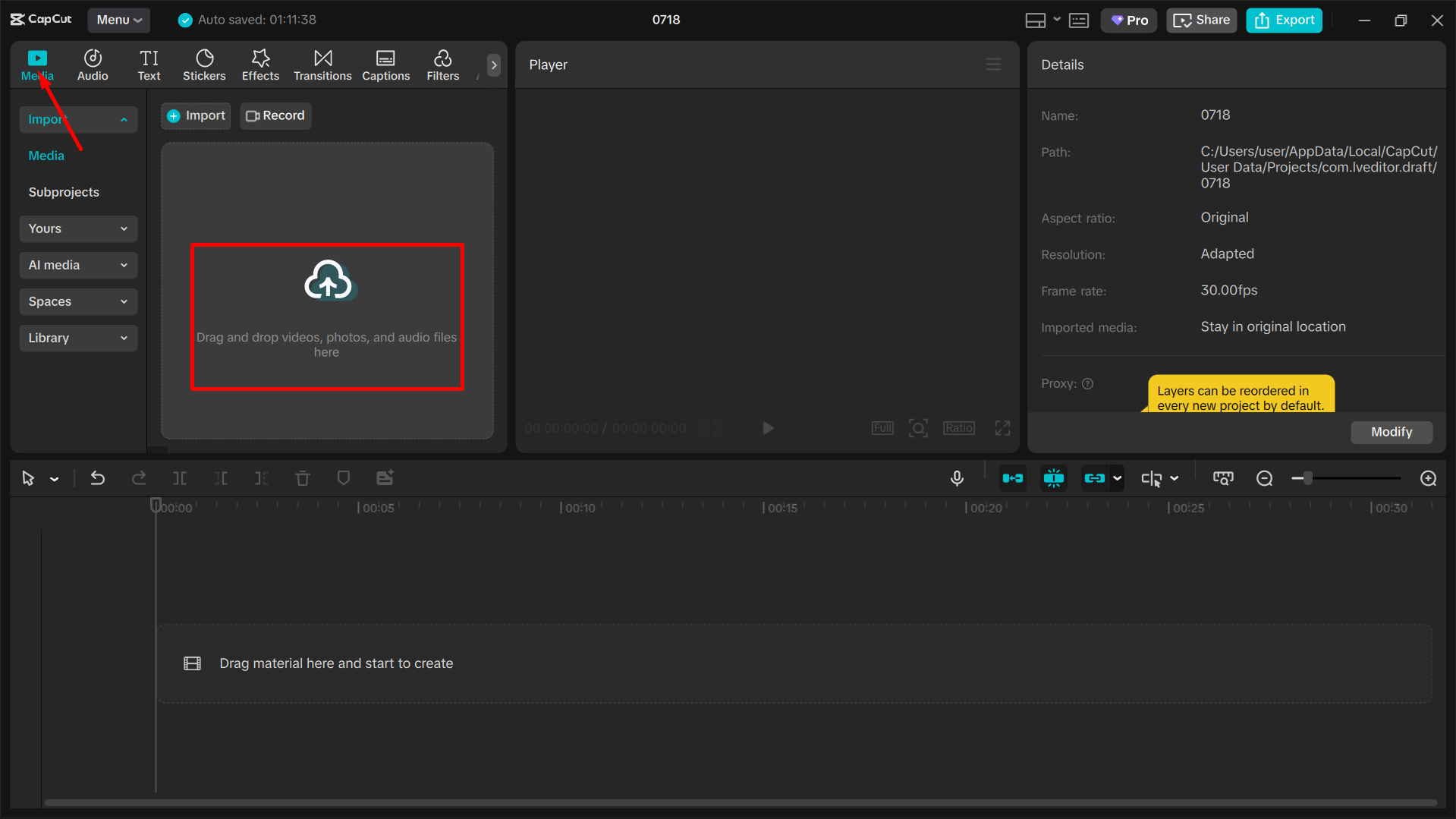Importing the media into the CapCut desktop video editor