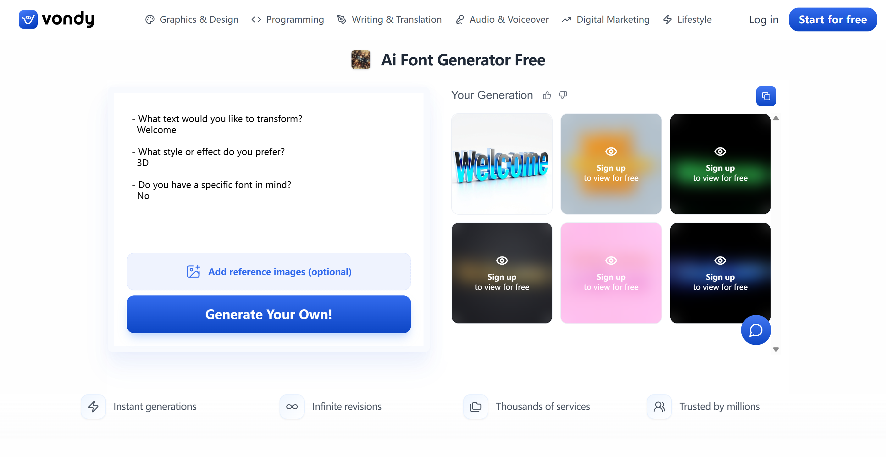 Interface of Vondy - an easy to use AI text generator