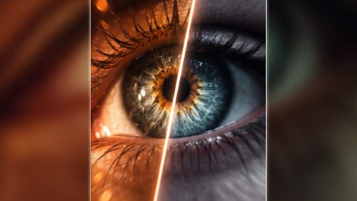 Golden-hour beach portrait of a fictional adult Viral Eye Close-Up CapCut Template