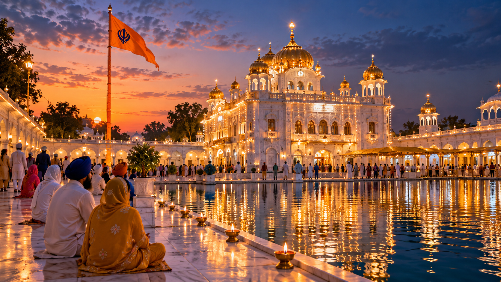 Guru Nanak Jayanti AI foto richiede: Gurpurab Evening Lights