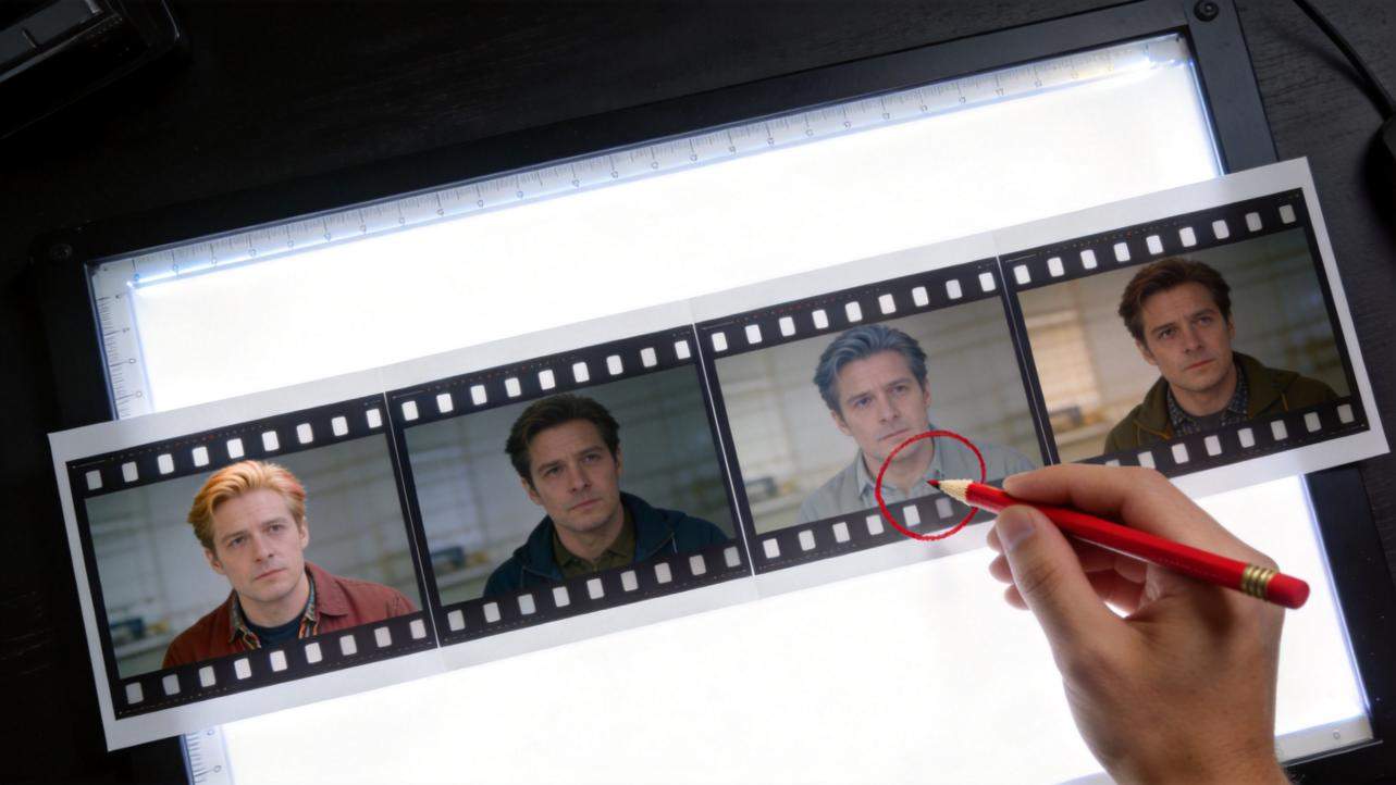Film strip with the same man shown in four varying faces as a hand circles one frame with a pencil
