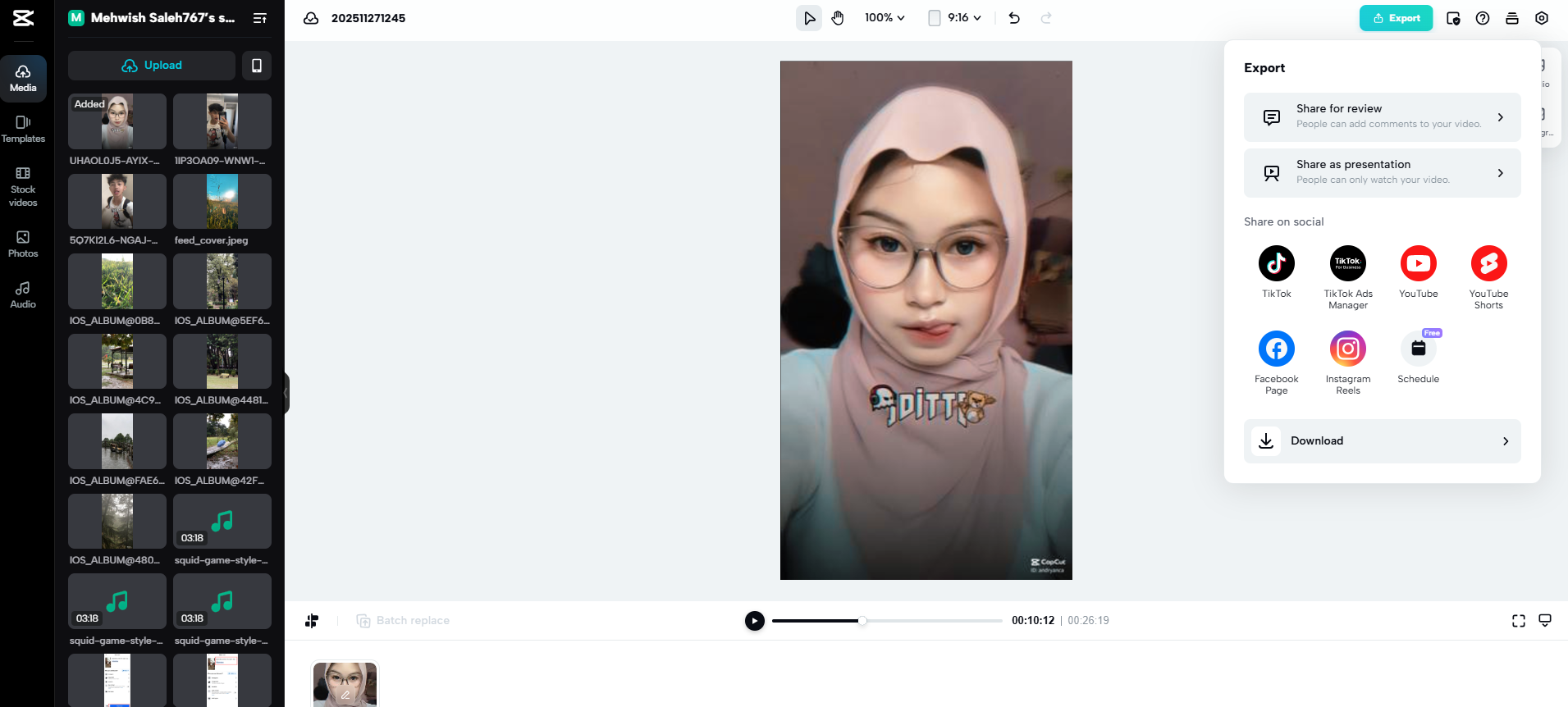 Export options for saving a capcut web project