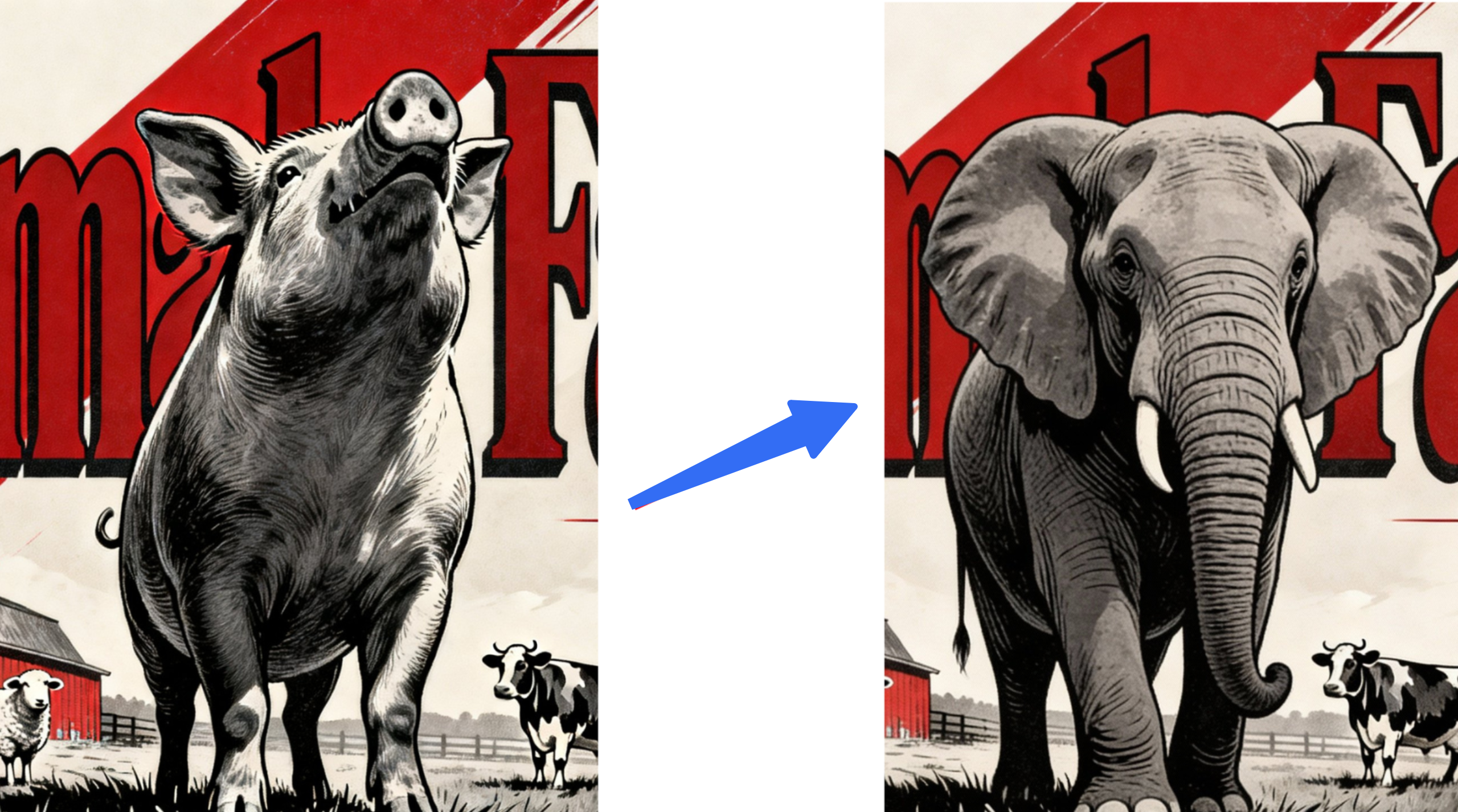 Changing the animal in the animal farm poster through interactive AI editing