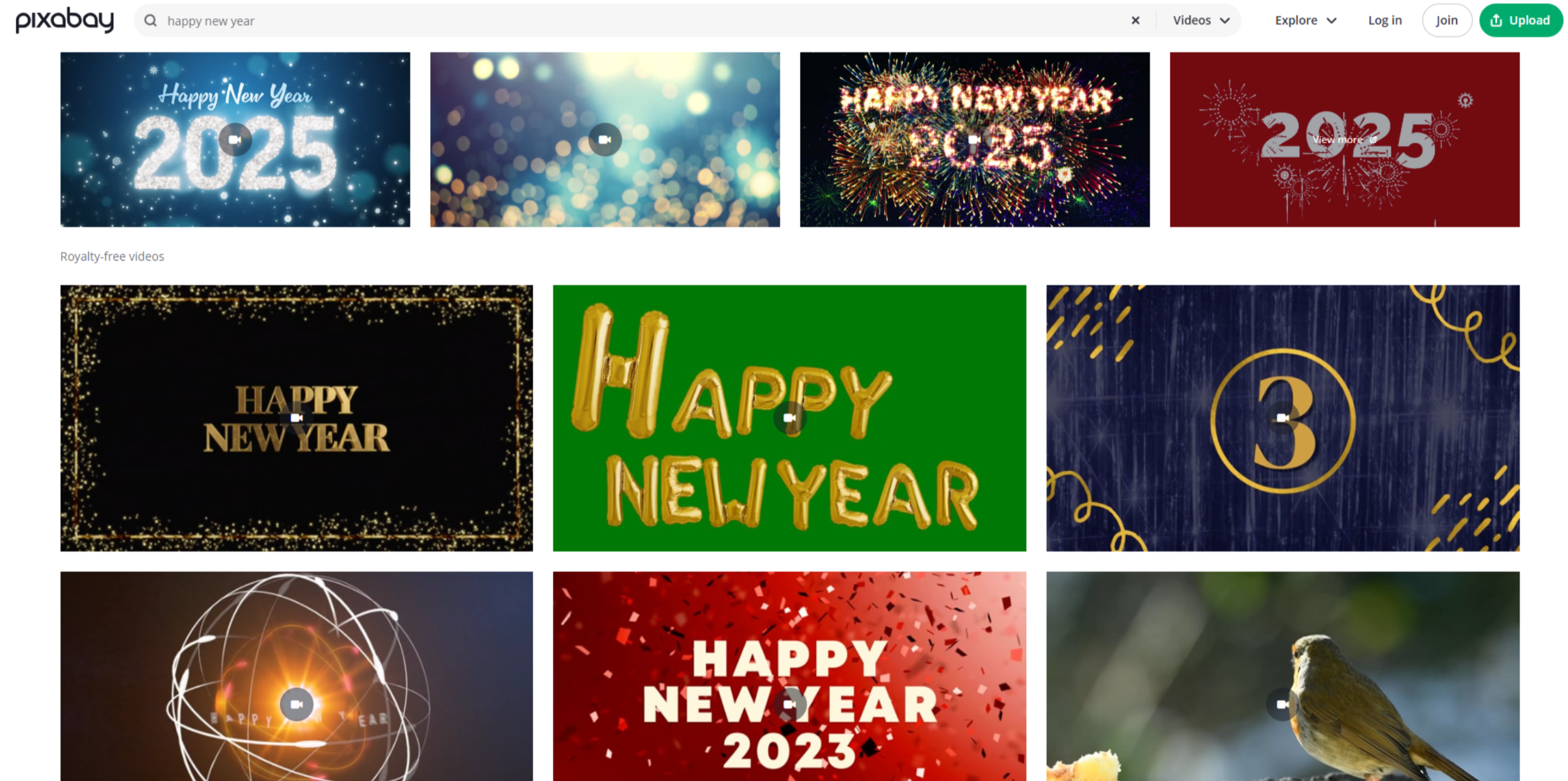 Interface of Pixabay - a good place to download Happy New Year videos