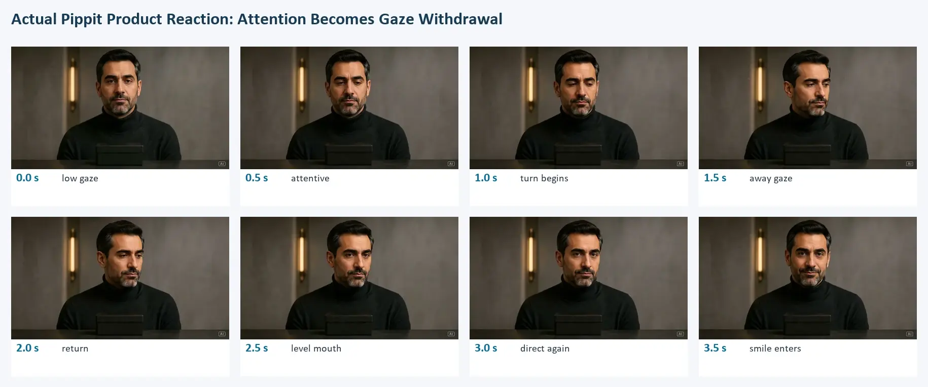 Eight-panel sequence of a man's face shifting from direct gaze to looking away and back, ending with a slight smile