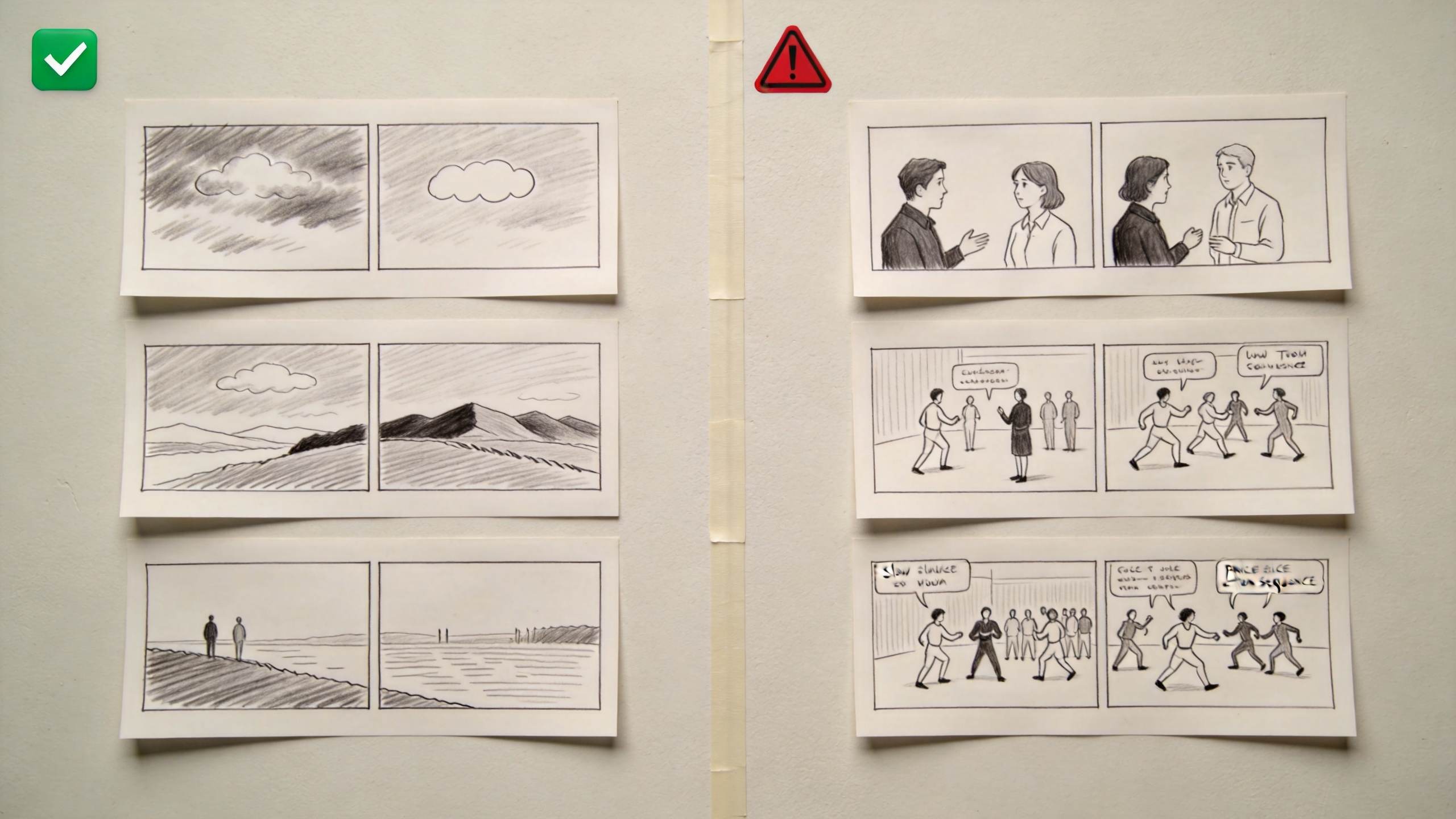 Left side shows consistent sketches marked with a green check; right side shows mismatched scenes with a red warning.