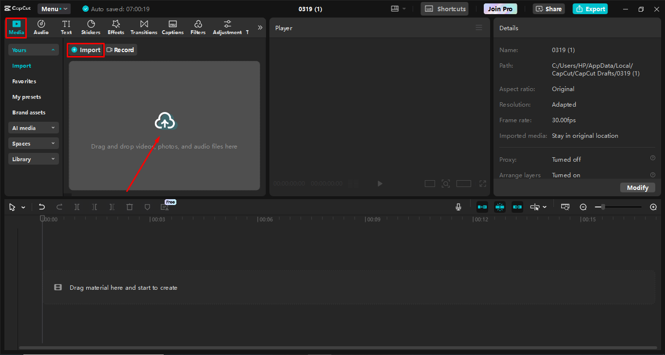 Memuat naik video ke editor video desktop CapCut