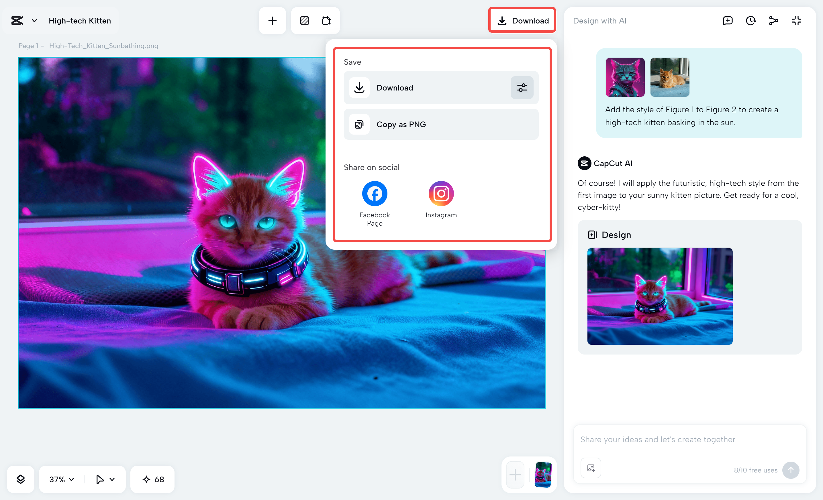 Downloading the merged image from the CapCut desktop video editor