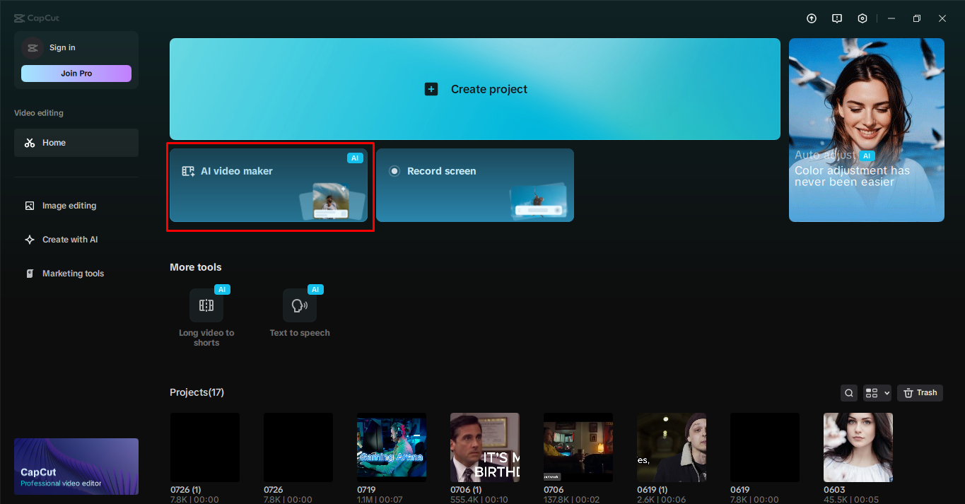Accessing the AI video maker through the CapCut desktop video editor