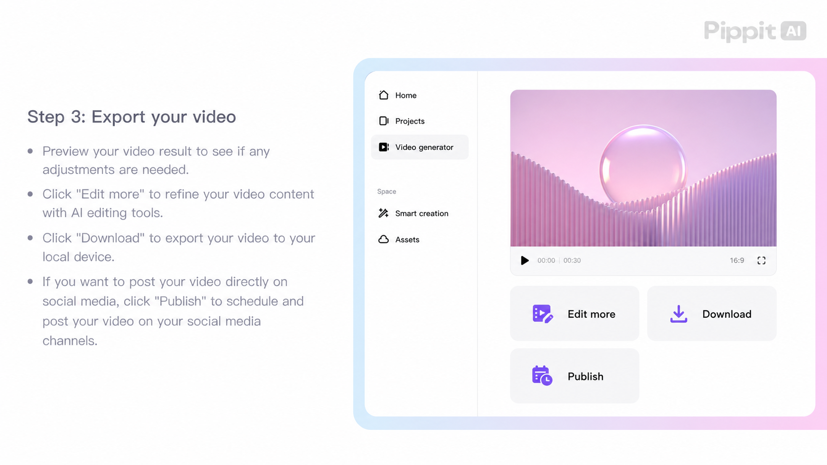 Step 3: Export your video, with Edit more, Download, and Publish buttons shown