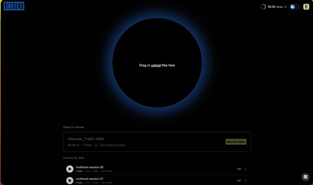 Interface ng Resound - Libre ang Podcast voice enhancer