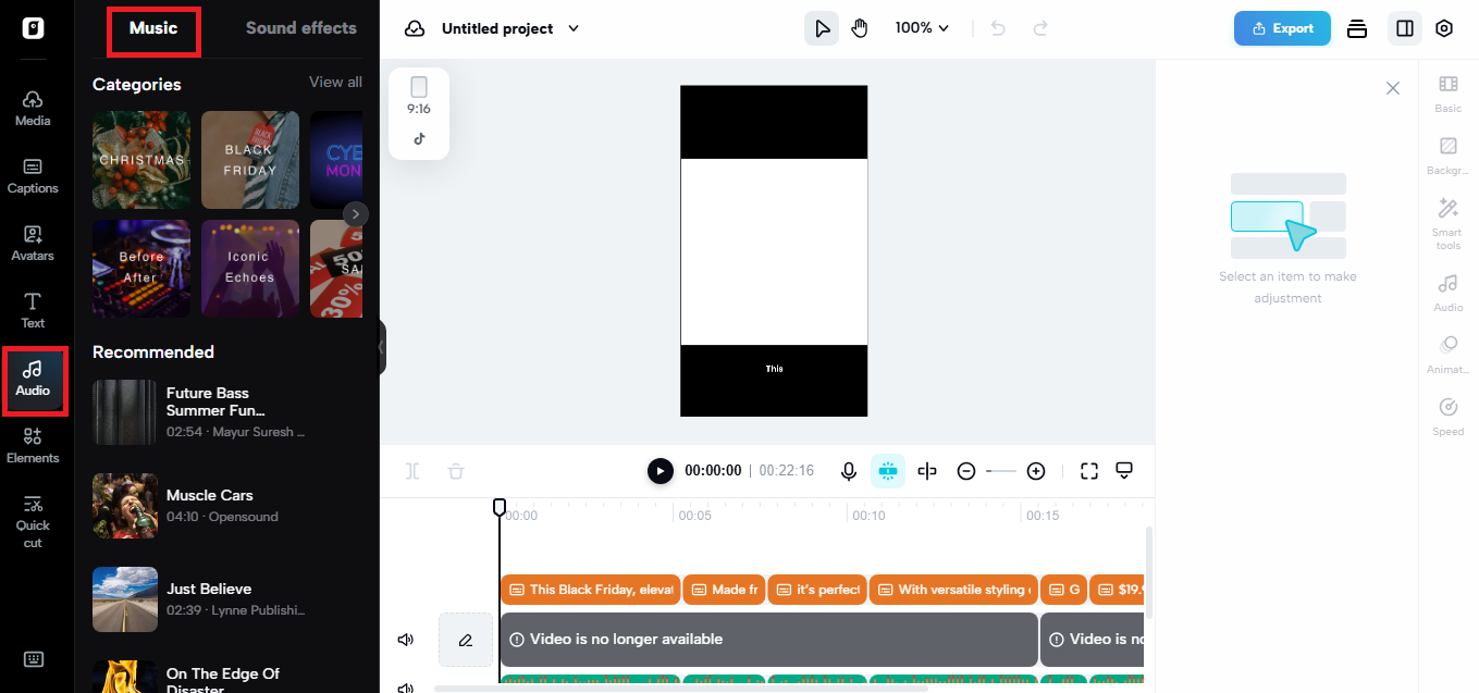 Pippit's video editor with pre-cleared audio library