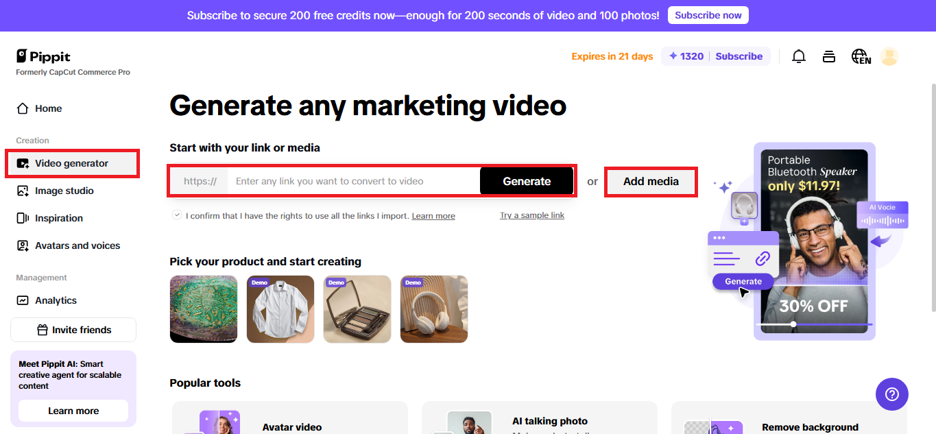Pippit's one-click video generator's upload options