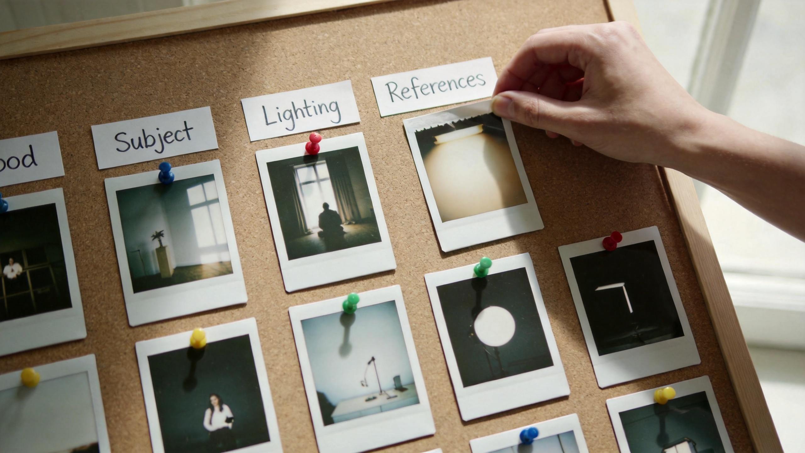 Hand pinning a reference photo to a corkboard organized with labels for subject, lighting, and references