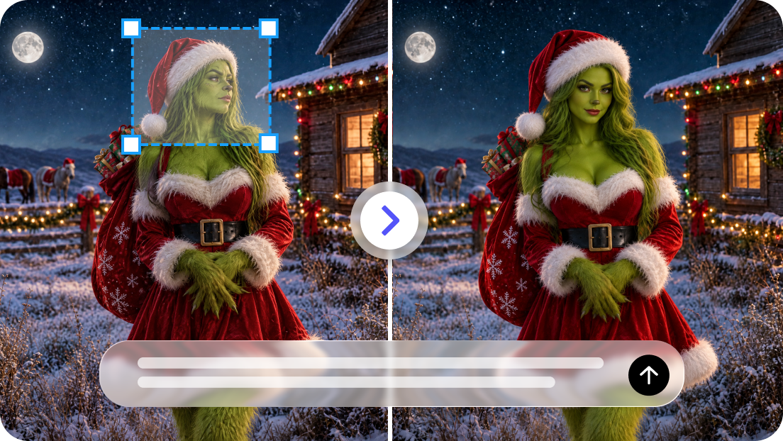  A before and after image with Grinch photo filter effect applied and with cool holiday text
