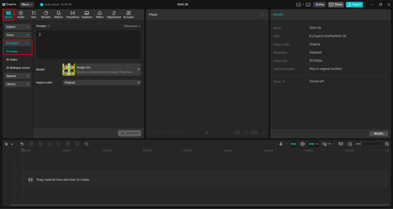 Opening the AI image tool in the CapCut desktop video editor 