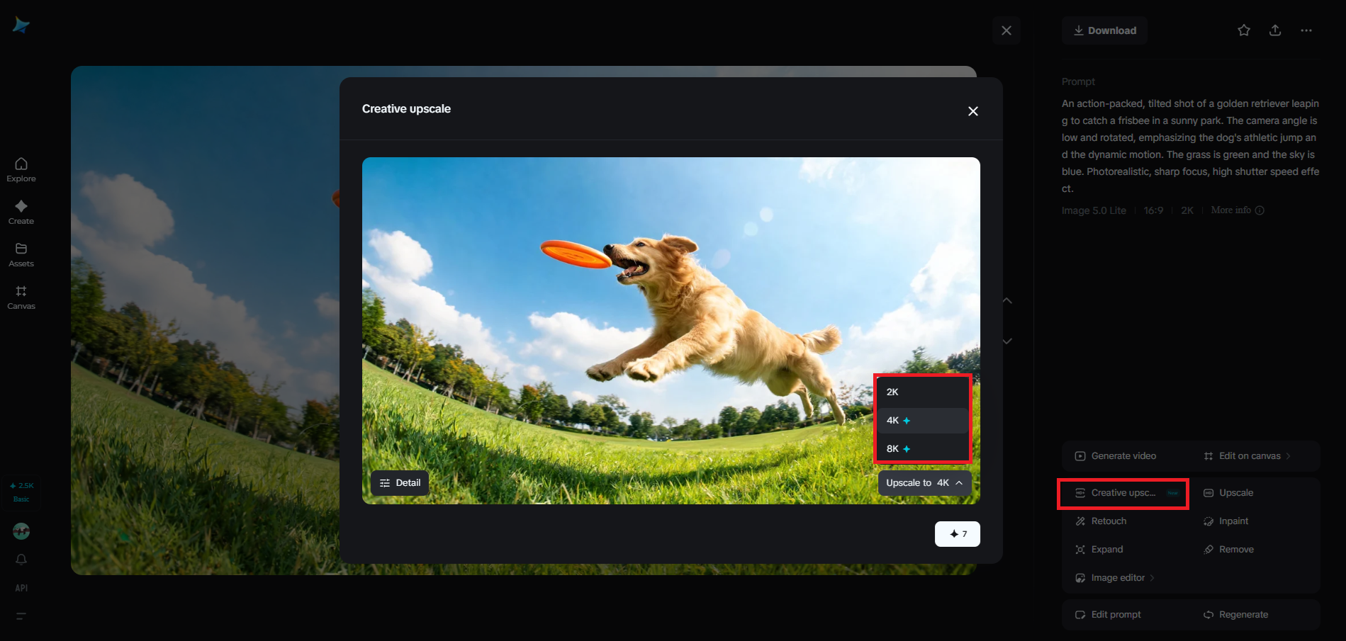 Creative upscale feature in Dreamina