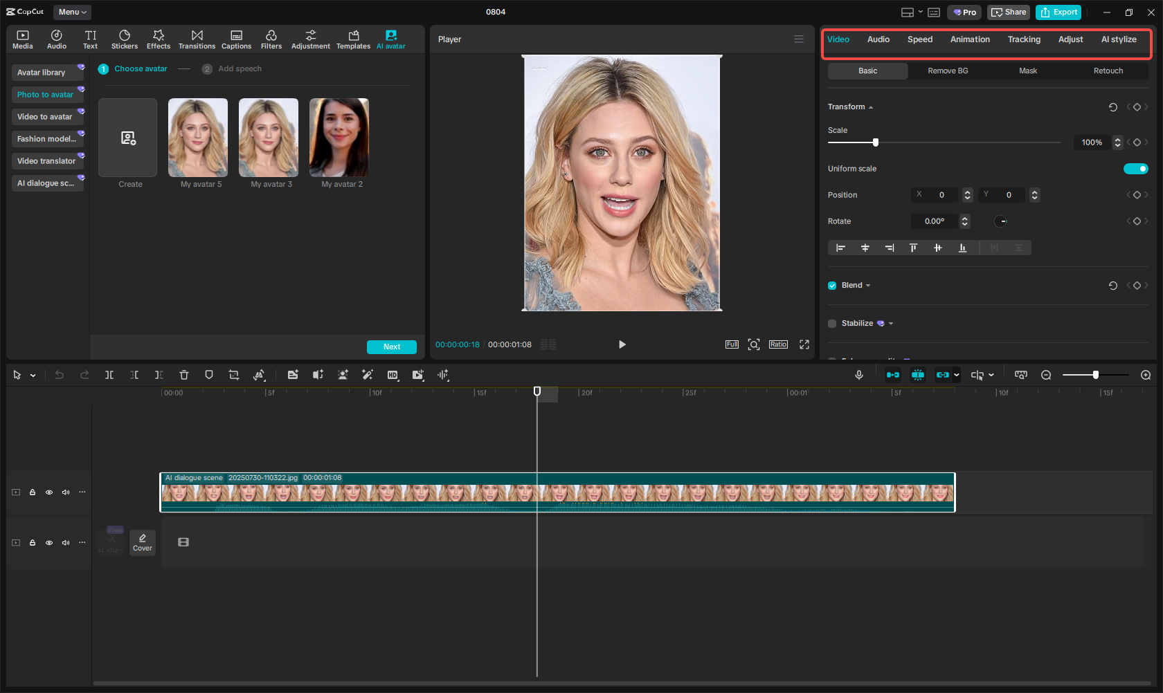 Editar o vídeo do avatar gerado