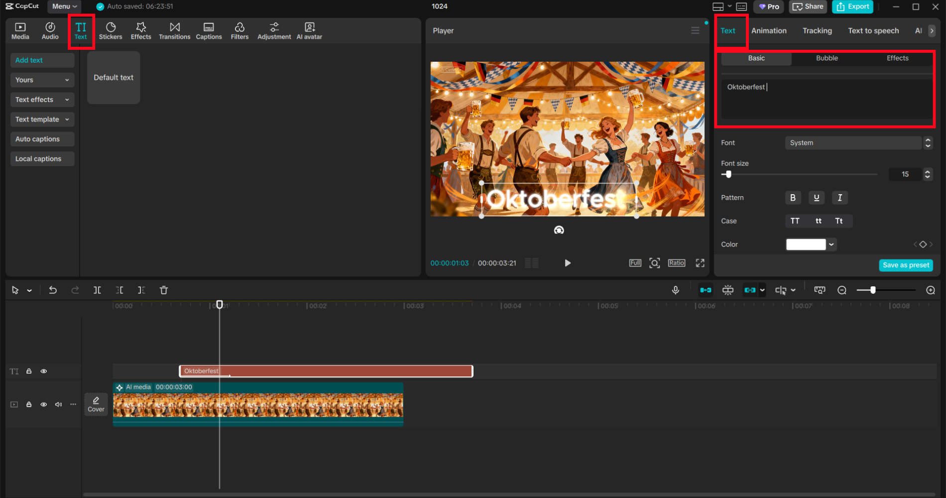 CapCut interface showing the "Text" section where Oktoberfest is typed into the text box