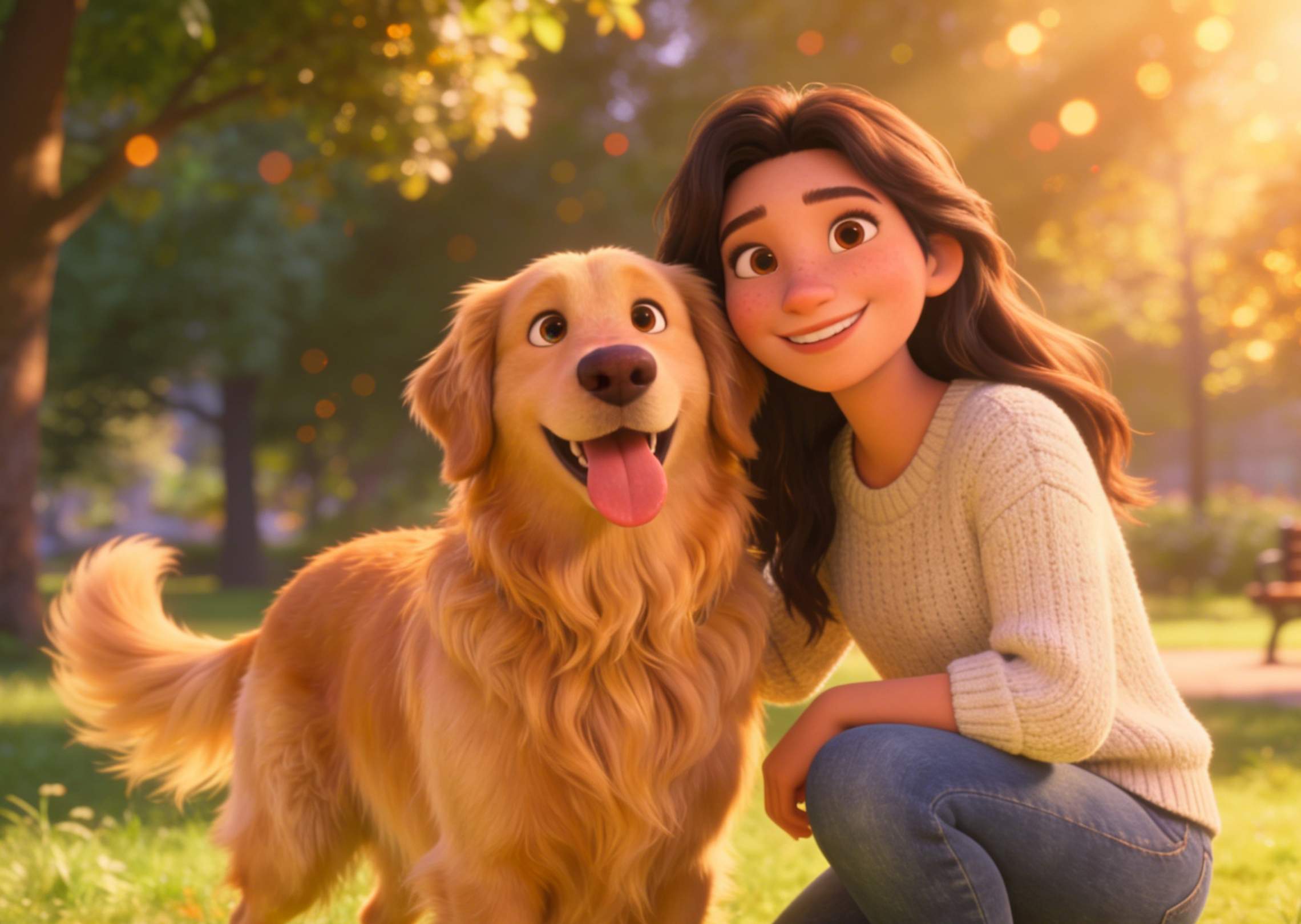 Craft a personalized portrait of a woman with her dog in a park