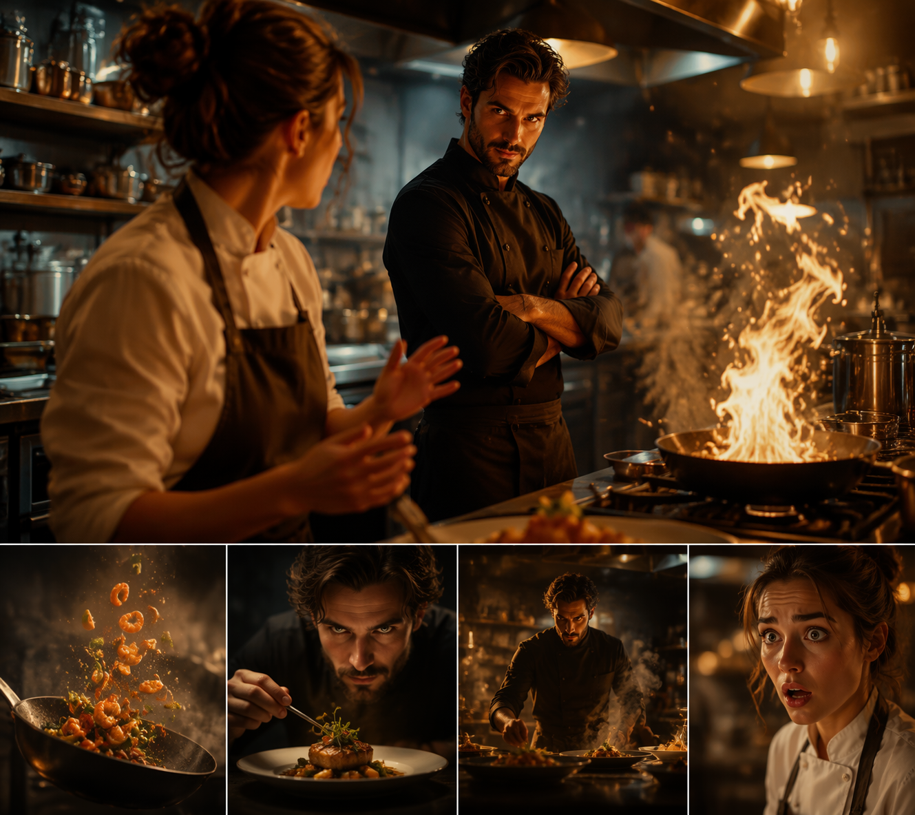 Dreamina AI kitchen drama generator video prompt example 1: Chef Rival Reveal