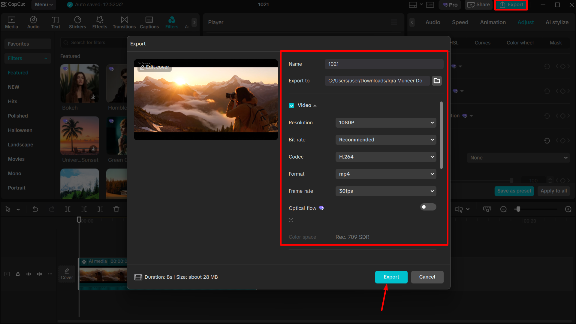 Exporting the final video from the CapCut desktop video editor