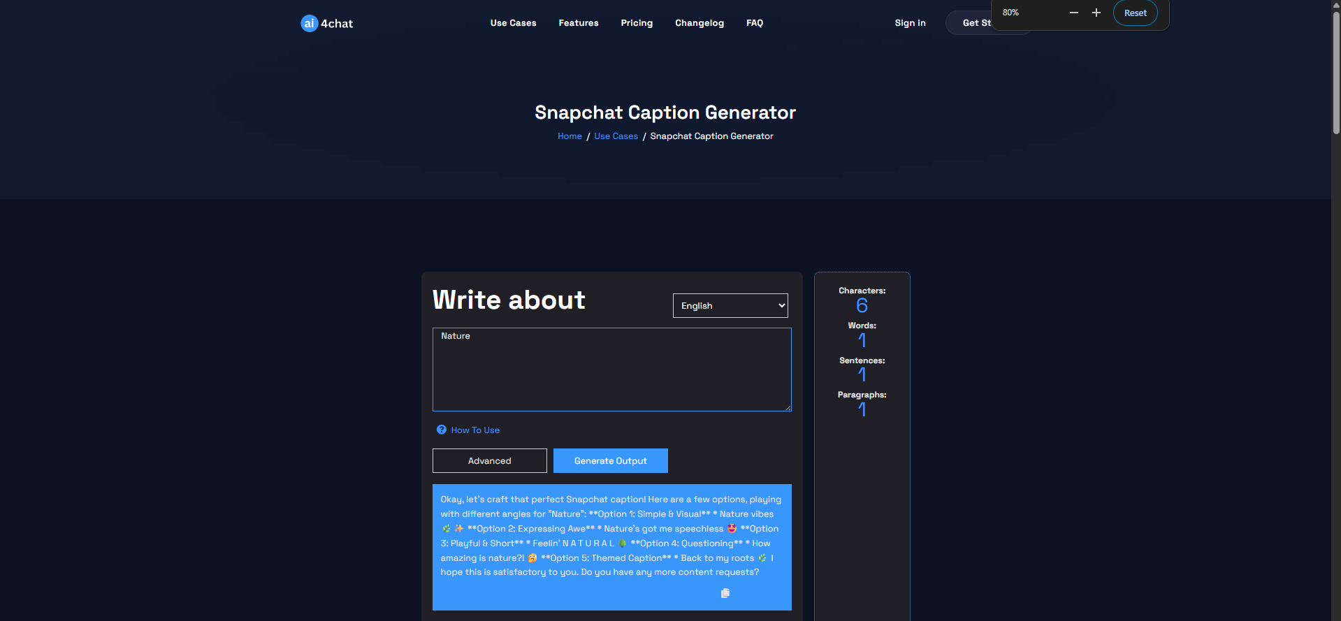 Interface of AI4Chat - the most liked Snapchat text generator