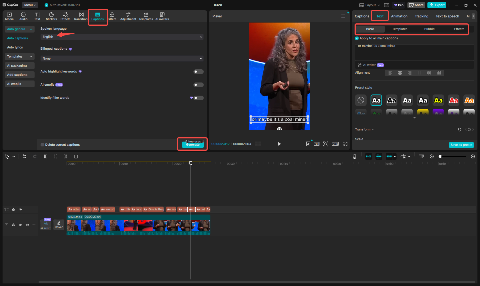 Adding the captions in CapCut
