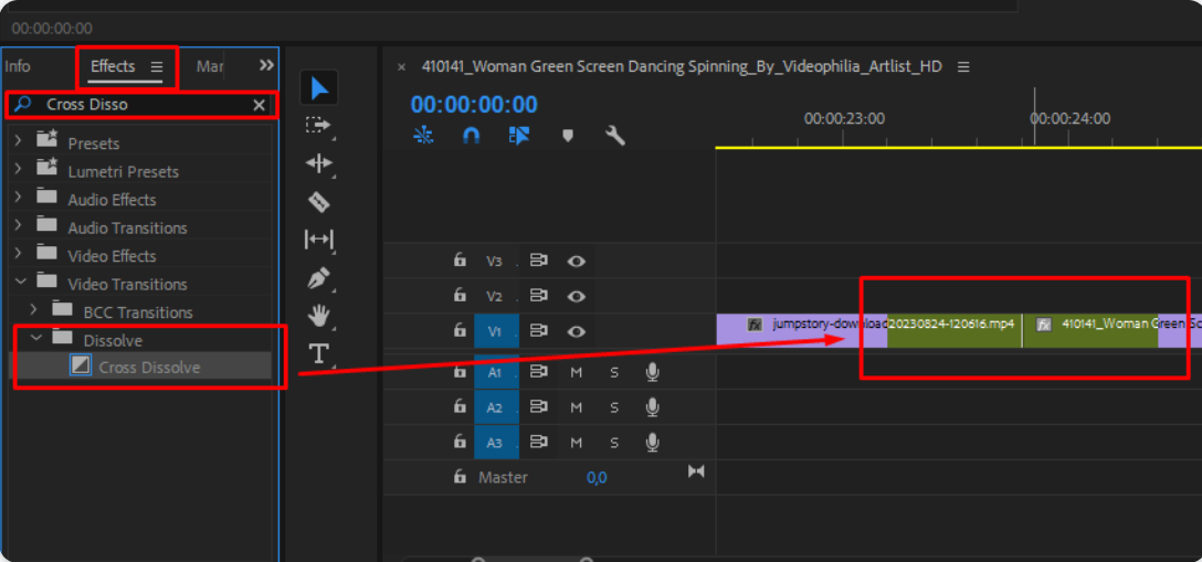 Applying the film dissolve transition in Premiere Pro