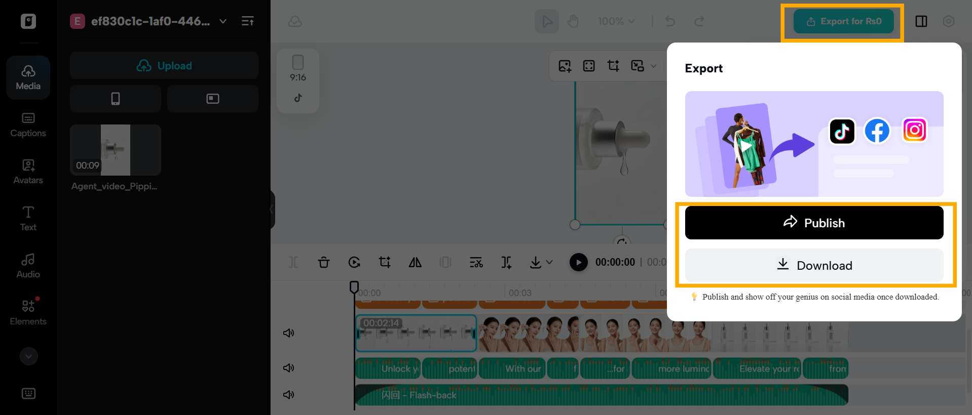 Pippit'in tamamlanmış AI videoları için dışa aktarma ve yayın seçenekleri