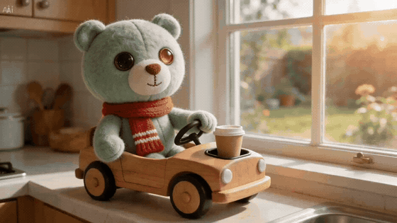 Plush teddy bear in a small wooden toy car beside a window with a coffee cup in front