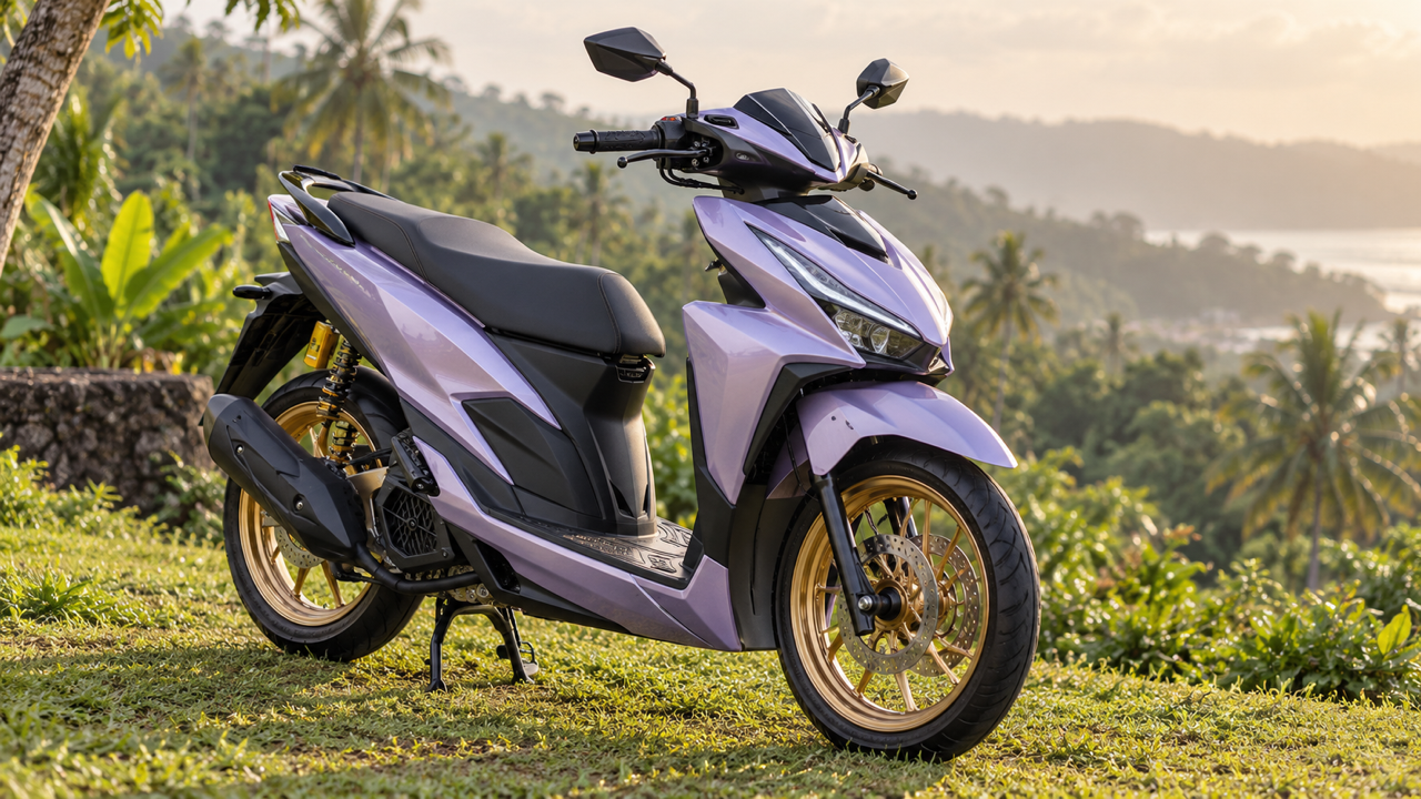 Original pearl lavender sporty step-through scooter with gold wheel accents on a grassy verge, full three-quarter view with softly blurred tropical foliage and restrained pearlescent daylight highlights.