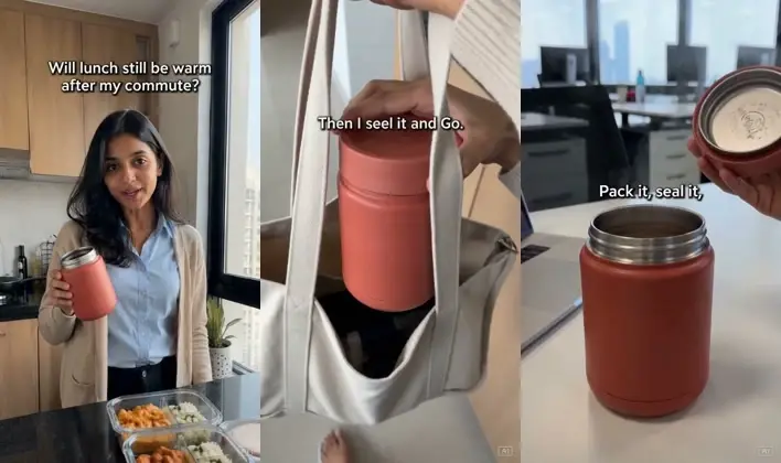 A hárompaneles TikTok-stílusú bemutató egy nőt mutat, aki egy ebédes dobozt tart, egy üveggel ellátott táskát és egy lezárt utazóbögrét.