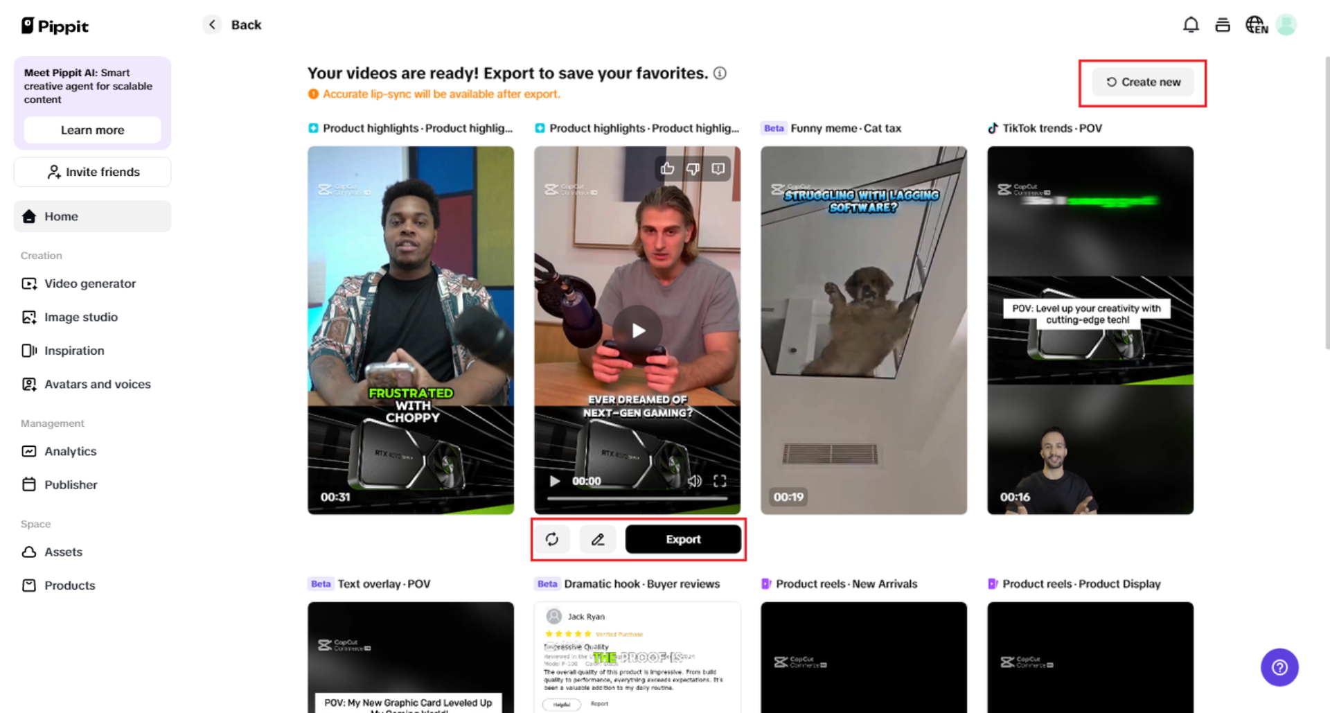 Select, Create, or Export your video