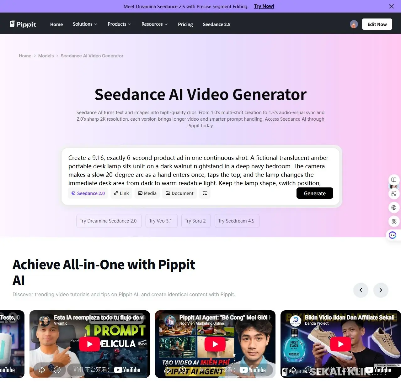 Pippit AI videókészítő oldal egy felugró ablakkal és egy Generálás gombbal